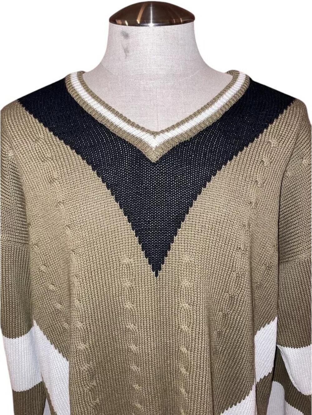Aureus Vintage Pullover V-Neck Sweater Brown Black White Cable Knit Size XL